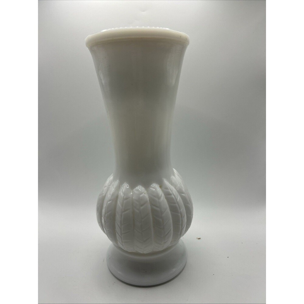 Randall White Milk Glass Feather Wheat Pattern Flower Vase 9"
